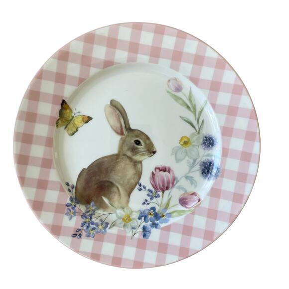Grace Teaware Bunny Floral Pink Gingham 8in Side Salad Plates Set of 4 NEW - Picture 12 of 12